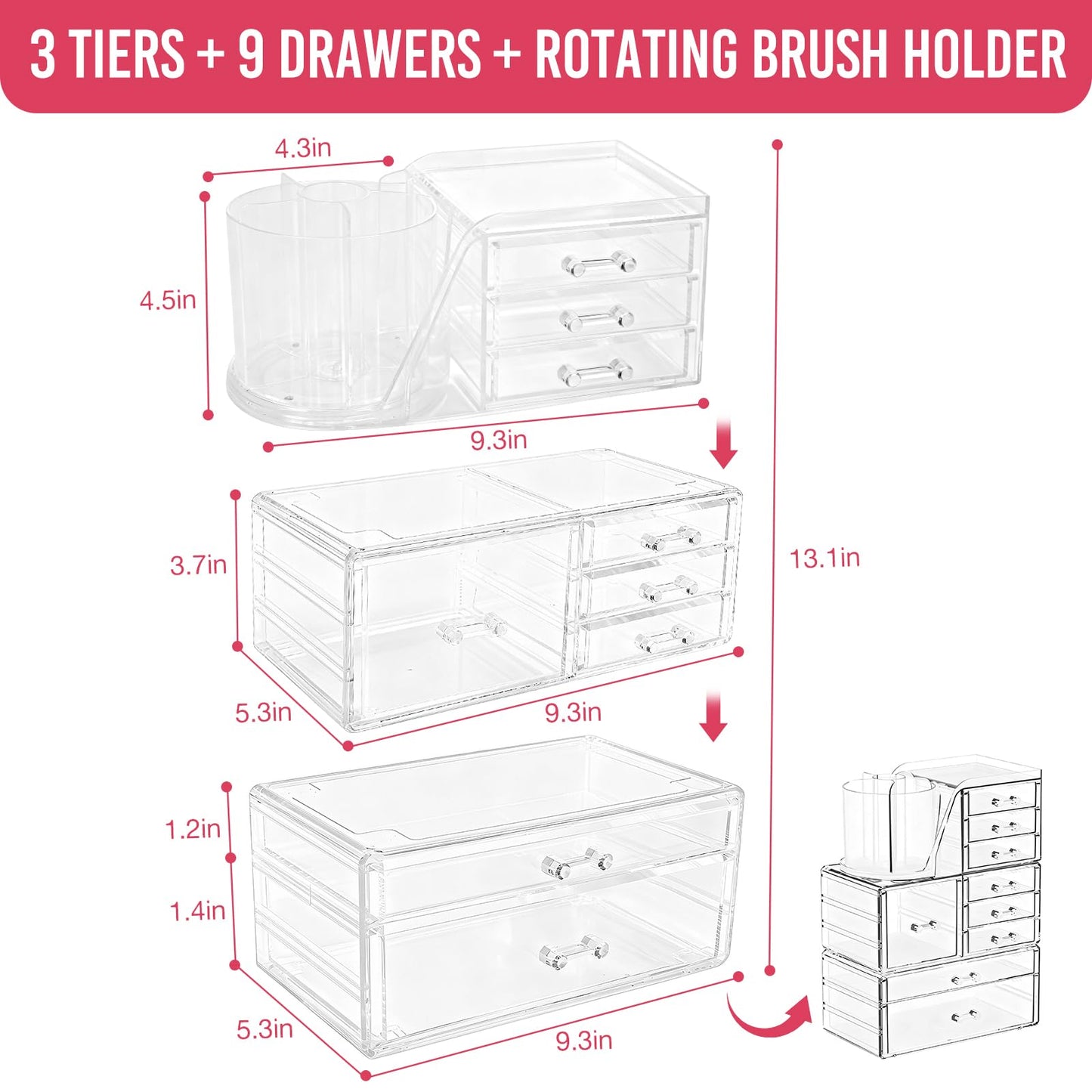 ShineMe Clear Makeup Organizer with 9 Drawers, 3 Tier Stackable Makeup Storage Organizer with Rotating Brush Holder, Acrylic Countertop Makeup Organizer for Vanity Skincare Jewelry Hair Accessories