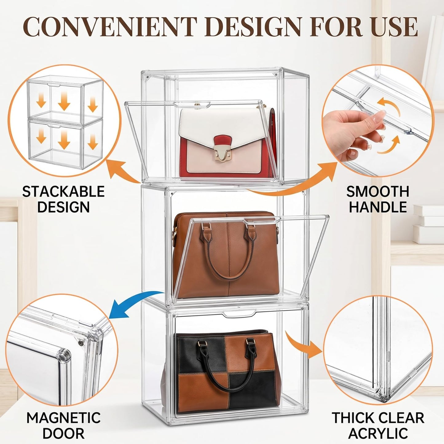 AVLA 3 Pack Plastic Handbag Storage Organizer for Closet, Clear Acrylic Display Case with Magnetic Door, Luxury Stackable Purse Clutch Organization, Assemble Collectibles Boxes for Wallet, Book, Toys