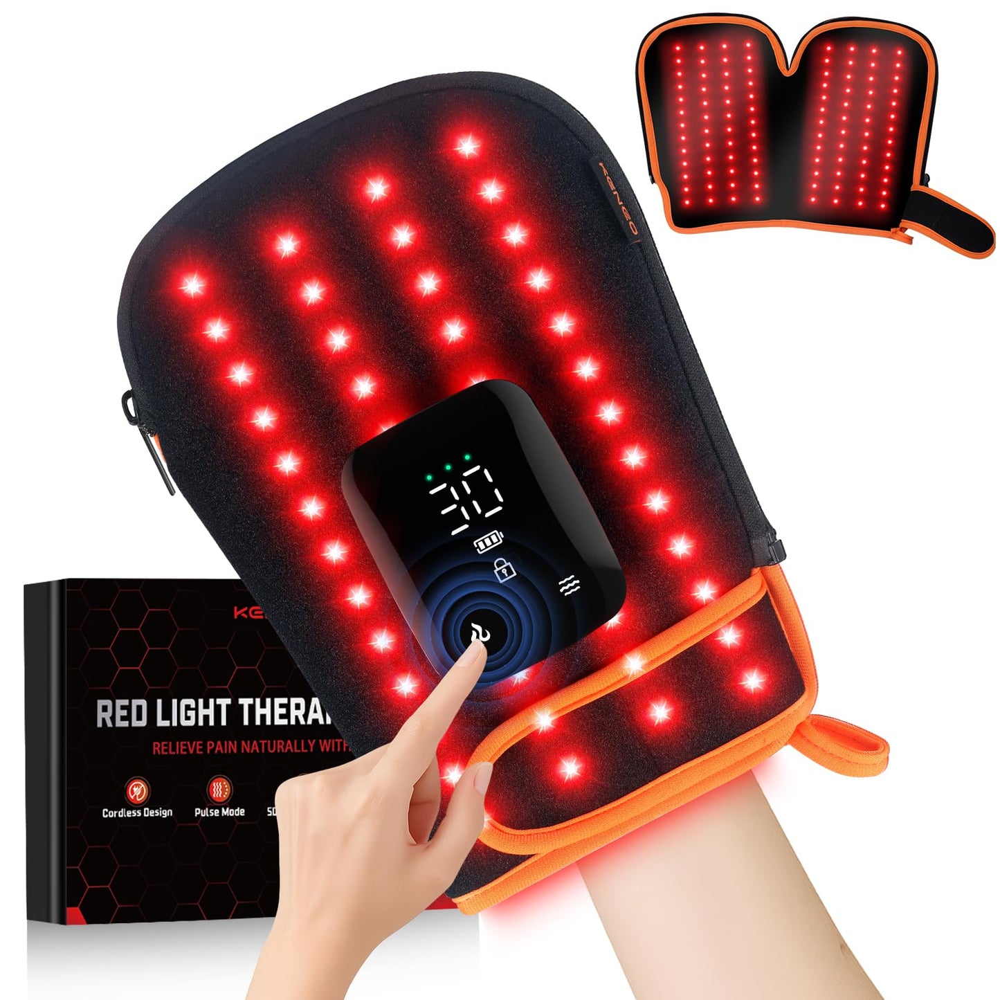 Red Light Therapy Gloves for Hands, 100LEDs Red & Near-Infrared, Dual Wavelength 660nm & 850nm, 5 Modes, Wireless, Rechargeable 5000mAh Battery, for Hand & Wrist Treatment （Orange）