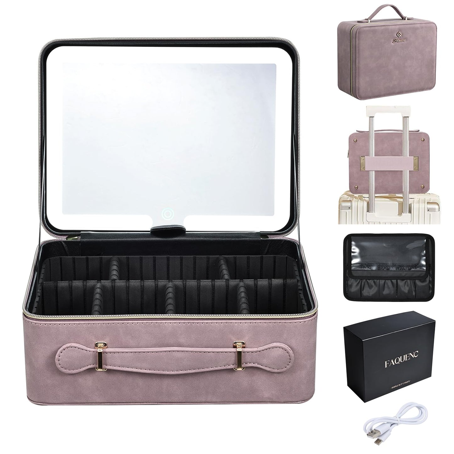 Faquenc Makeup Case with LED Lighted Mirror 11.4 Inch Travel Makeup Bag Adjustable Brightness in 3 Colors Cosmetic Organizer Artist Storage Bag with Dividers Brush Holder Bag Vanity Purple