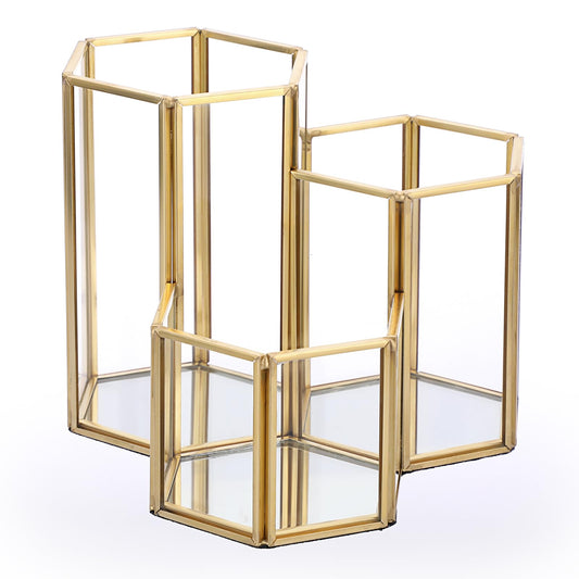 Hipiwe Glass Makeup Brush Holder 3 Slot Mirrored Gold Cosmetics Brush Organizer Eyeliners Display Case Vintage Decorative Makeup Storage Box Desktop Pen Pencil Pot, Large