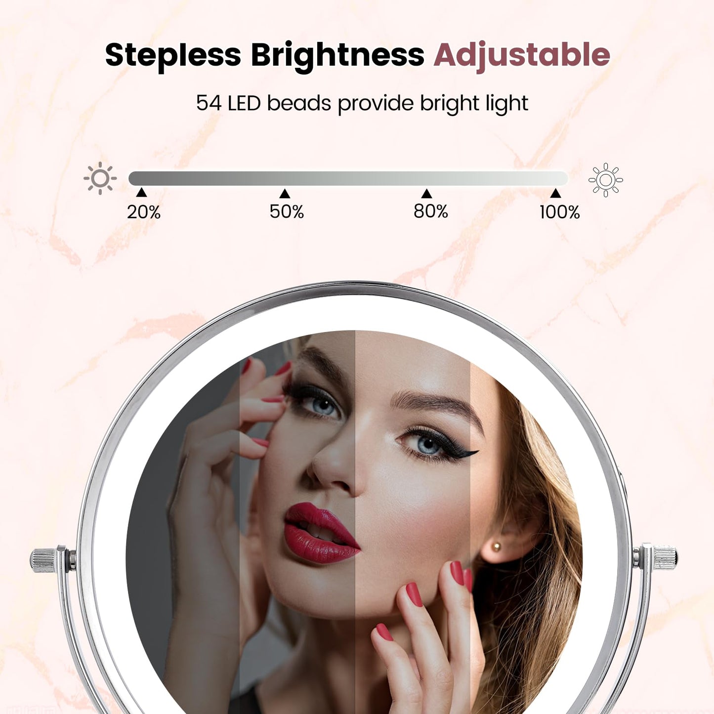 AumVum 8" Makeup Mirror with Lights, Vanity Mirror with 1X/10X Magnification, Touch Screen 3 Colors Dimmable 54 LED Lights Brightness Adjustable 360° Rotation for Tabletop