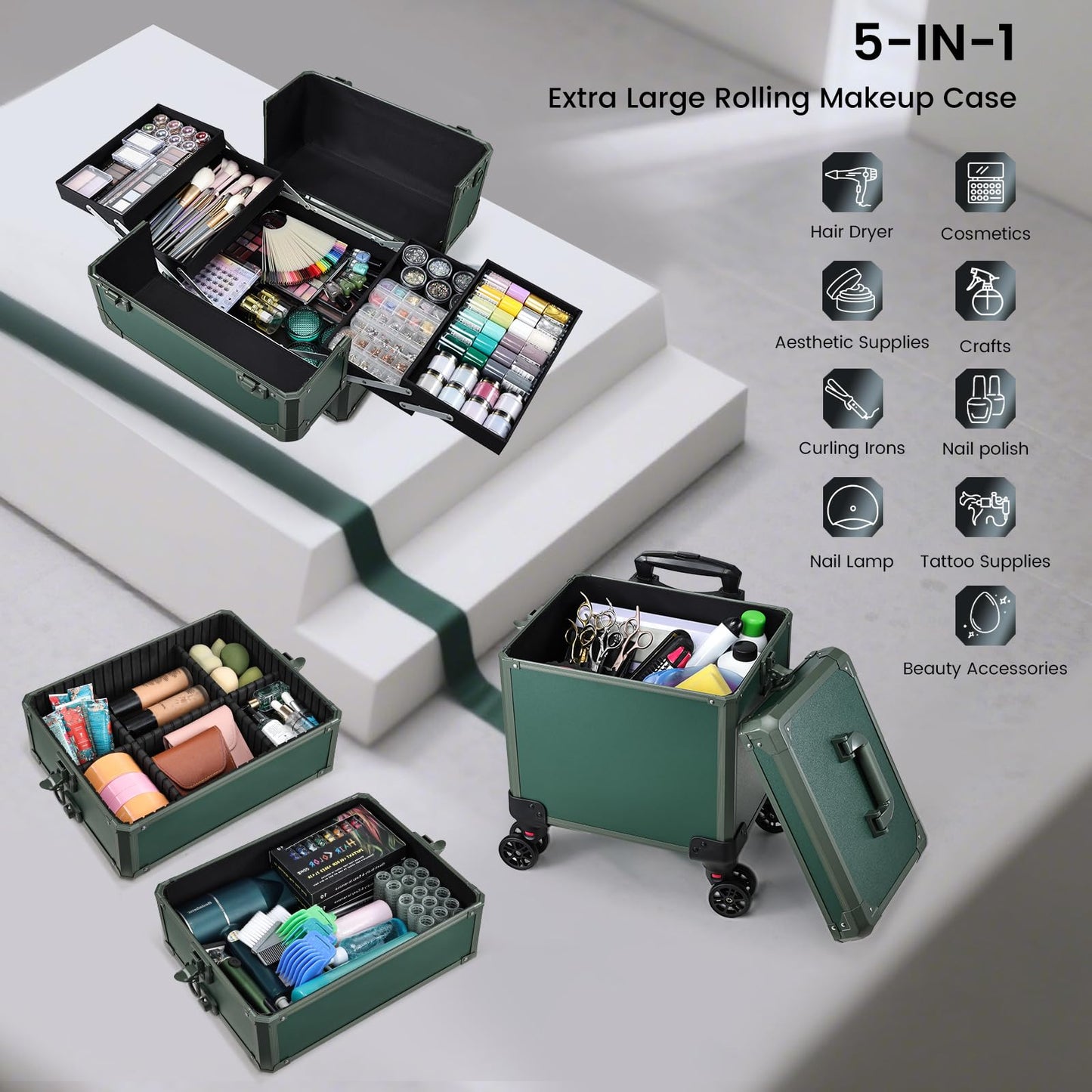 Rolling Makeup Case Makeup Train Case with Lid 5 in 1 Cosmetology Case on Wheels Cosmetic Trolley Organizer Large Makeup Organizers Case Profesional Cosmetic Case for Salon Barber Nail Beauty, Green