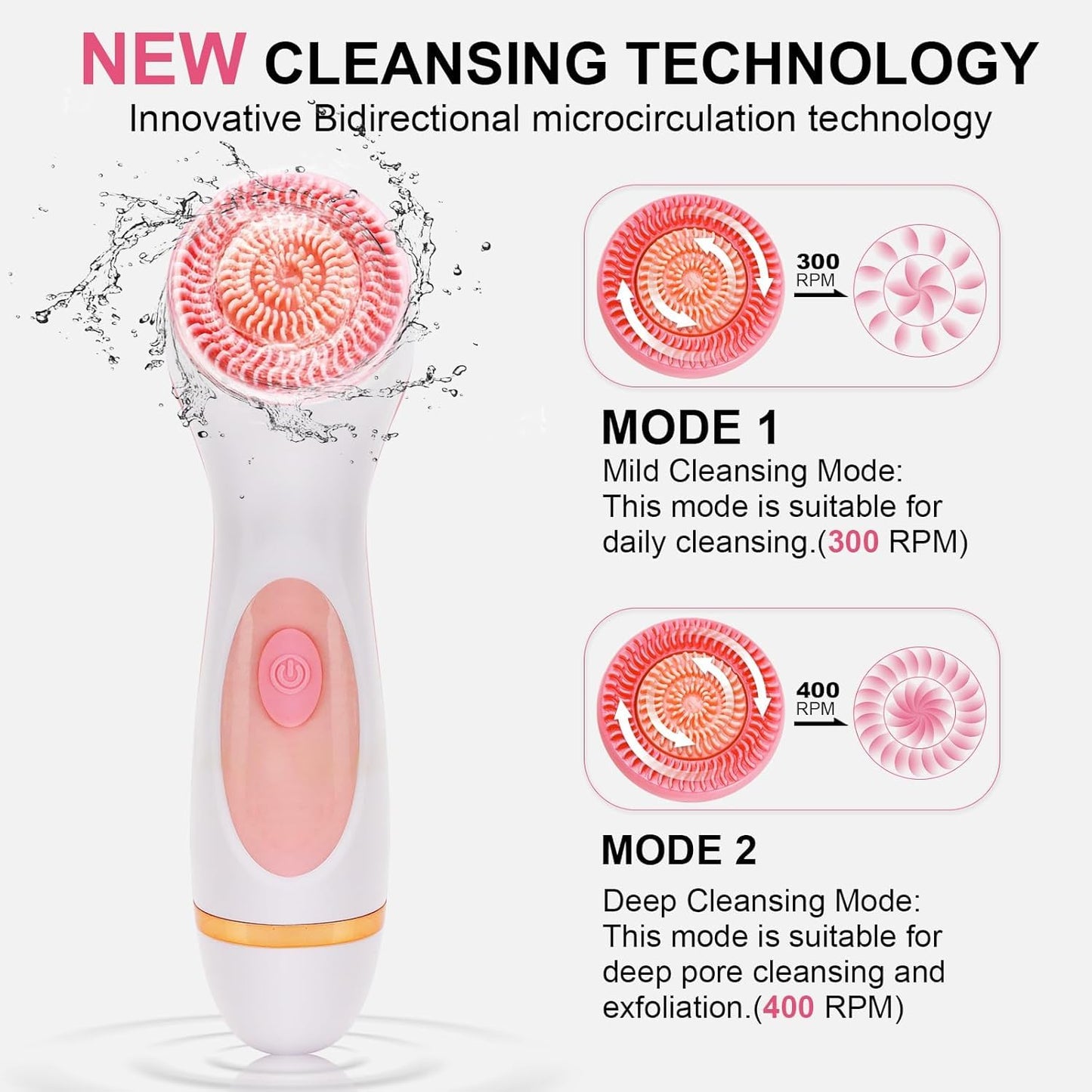 Beautivana Facial Cleansing Brush, Waterproof Dual-Rotation Face Scrubber with 3 Brush Heads & 2 Speed Settings, Rechargeable Exfoliating Face Brush for Deep Cleansing & Daily Skin Care (Pink)