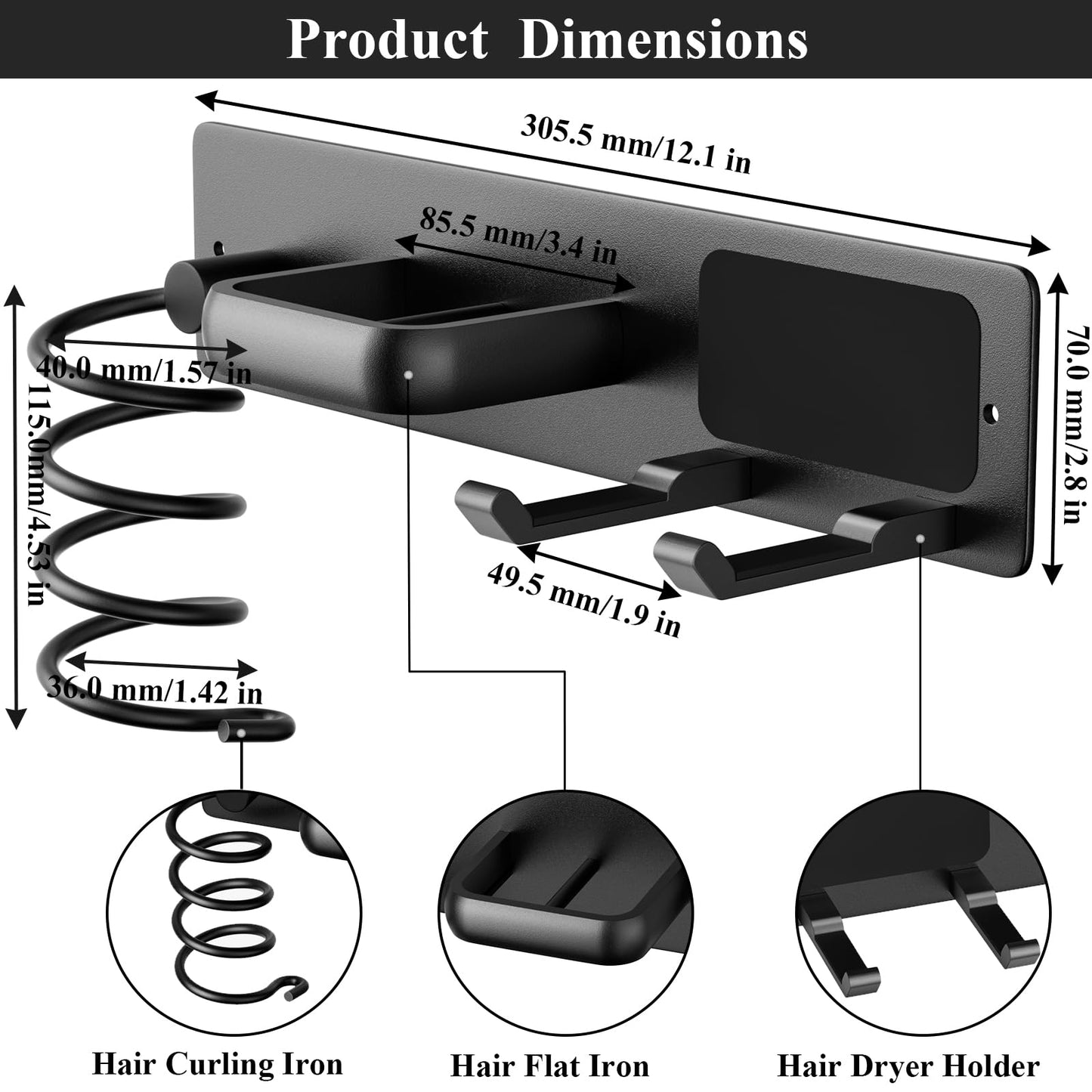 Tindbea Hair Dryer Holder Wall Mount Aluminum Alloy Hot Tools Organizer