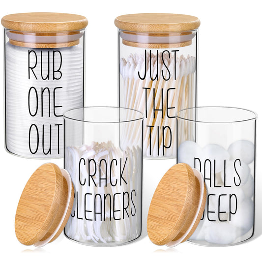4 Pack Qtip Holder Glass Dispenser with Bamboo Lids for Bathroom Organization, Apothecary Jars for Cotton Ball Holder and Bathroom Canister Storage Great for Cotton Swabs, Balls, Floss, Bathroom Décor