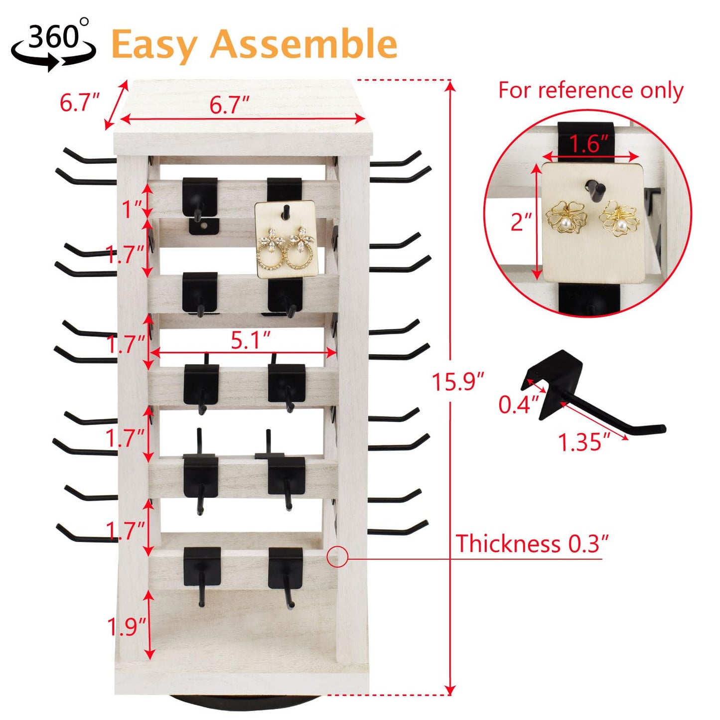 Ikee Design 5 Tiers Easy Assemble Wood Rotating Jewelry Display Tower With 42 Removabl Hooks,Spinning Earring Card Storage Display Stand for Store, Showcase, Tradeshow and Home, Wash White Color