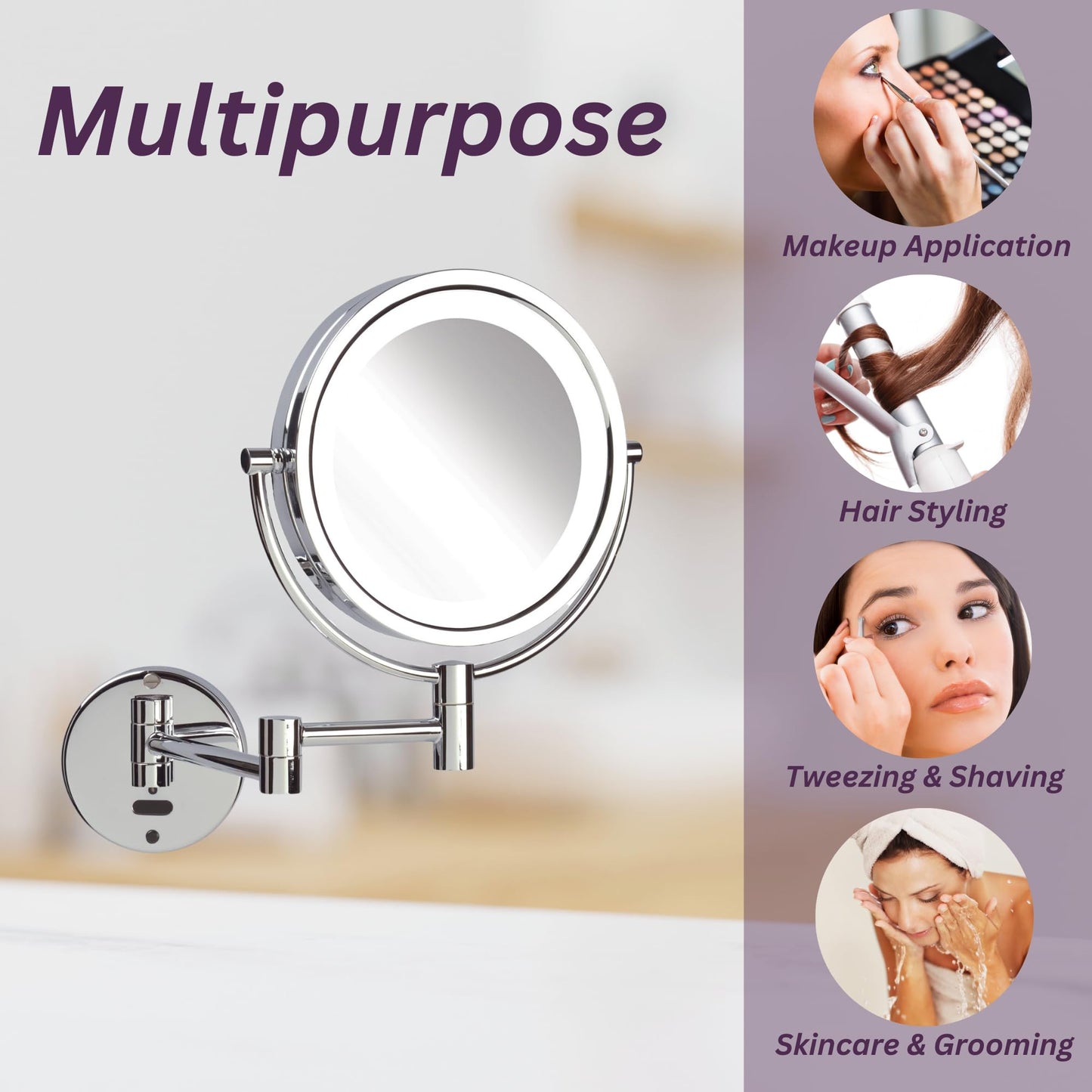 JERDON Sharper Image Wall-Mounted Lighted Motion Sensor Makeup Mirror - 8X-1X Magnification - 8.5-Inch Diameter Mirror Extends 14” - Chrome Finish - Comes with 8’ Charging Cord - Model JRT9500CL