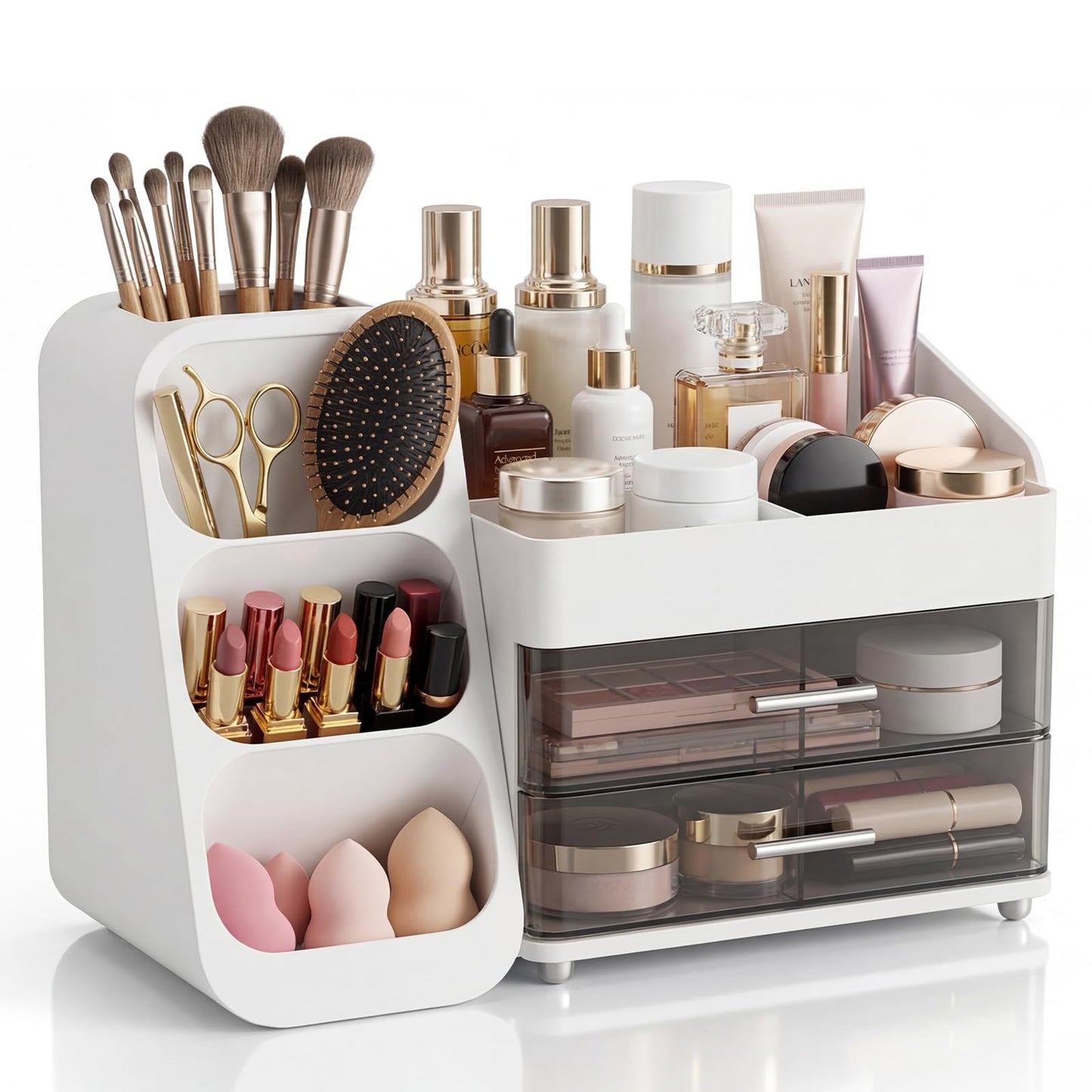 VegStow Makeup Organizer with Drawers & Brush Holder for Vanity - Organize Cosmetics Bathroom Countertop Storage Skin care Essentials Dresser, Bathroom, Office Countertop (White)