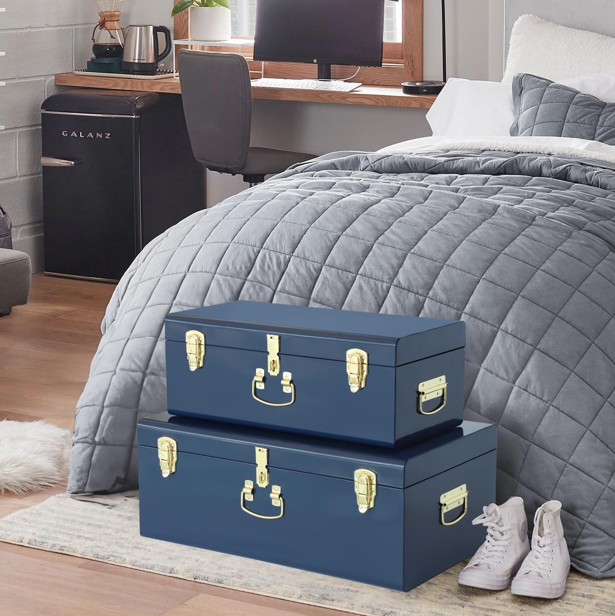 Vixdonos Decorative Large Metal Box Storage Trunk Chest Set of 2 College Dorm Organizer with Hardware Hasps and Handle for Home Deocr,23.7X14.2X9.5 Inches,Dark Blue
