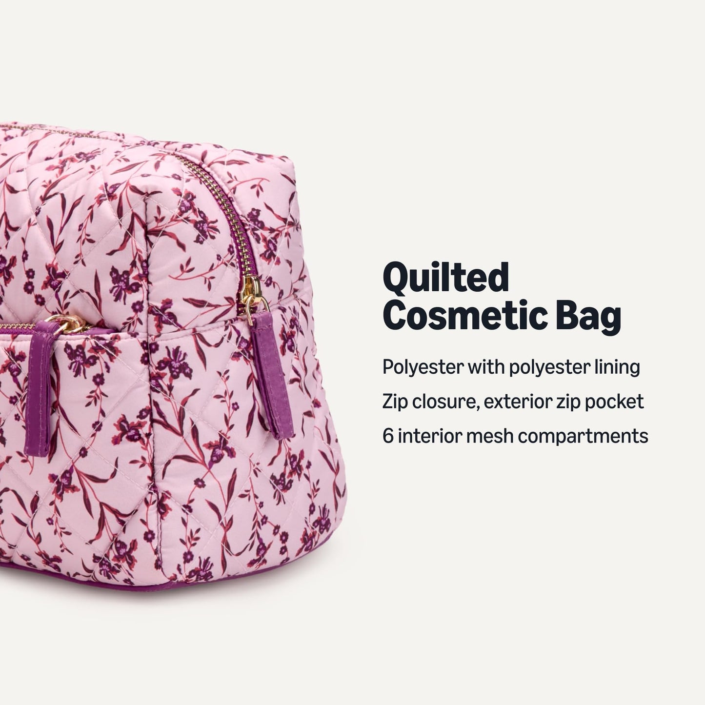Amazon Essentials Women's Quilted Travel Makeup Bag with Mesh Compartments, Pink Floral, One Size