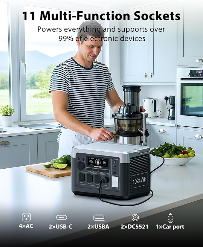OUKITEL P1000 Plus 1024Wh Solar Generator with 4 AC Outlets (3600W Peak), 1800W Power Station with 100W Solar Panel, 1200W Fast Charging, APP Control Battery Backup for Home, Camping & RVs