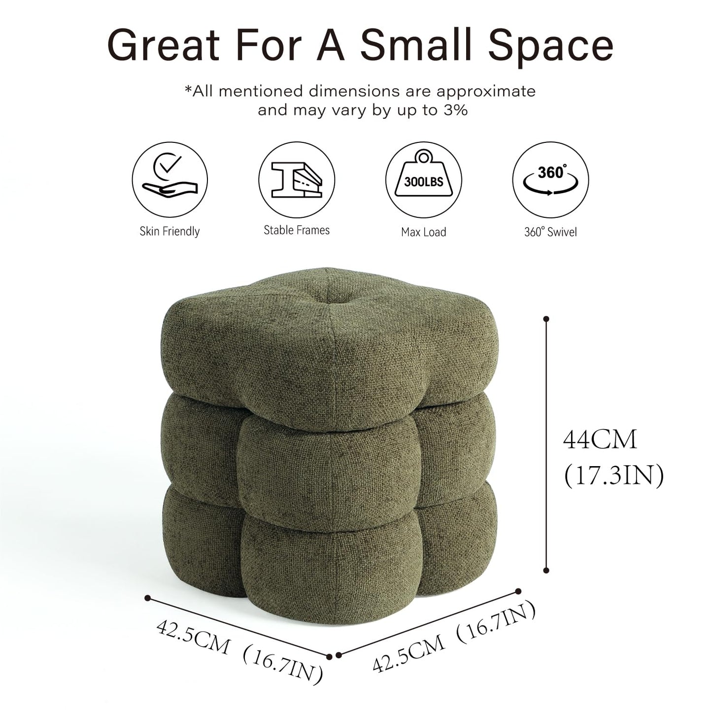 Get Set Style 360° Swivel Flower Ottoman, Linen Vanity Stool Footrest with 300LBS Capacity, No Assembly Small Space Accent Chair for Living Room Bedroom Entryway(Olive Green)