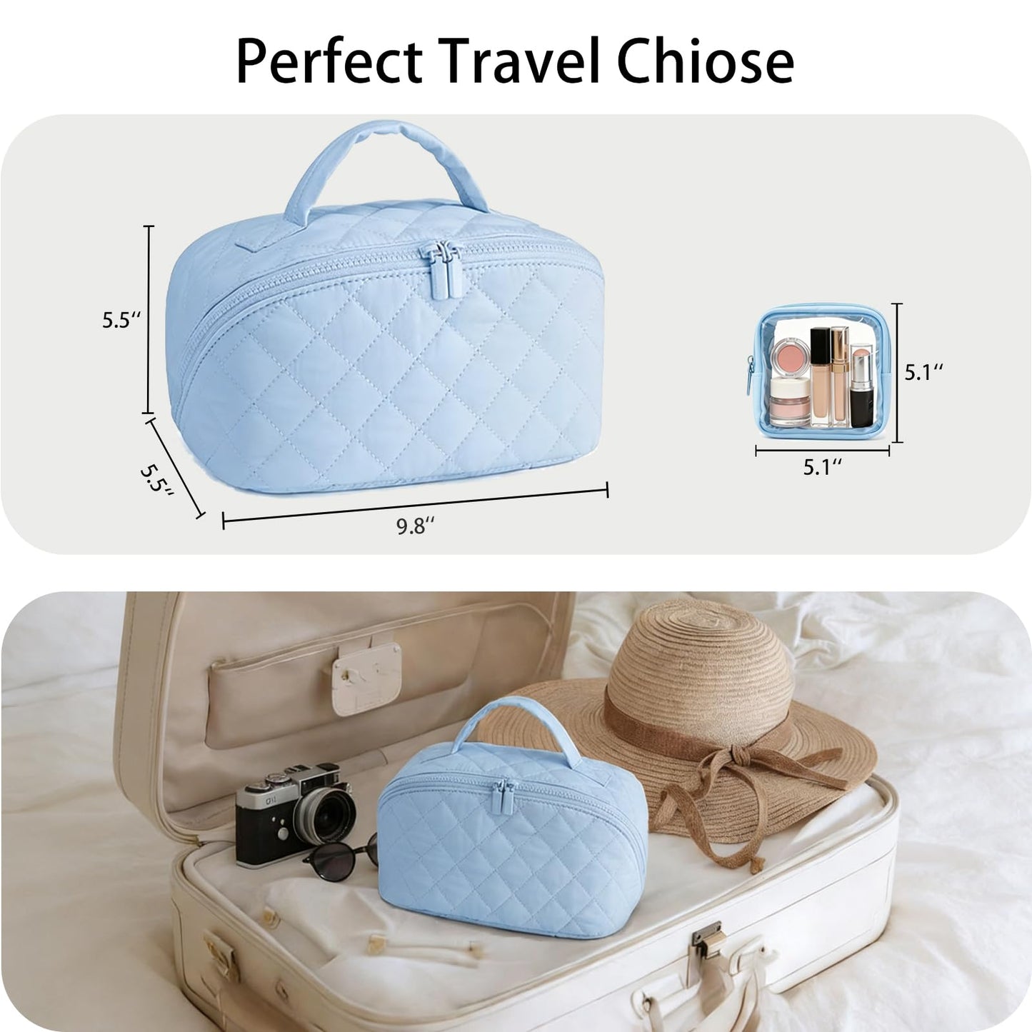 Gmkato Travel Makeup Bag for Women,Large Capacity Waterproof Makeup Organizer, Open Flat Toiletry Bag for Toiletries (Blue, Large)