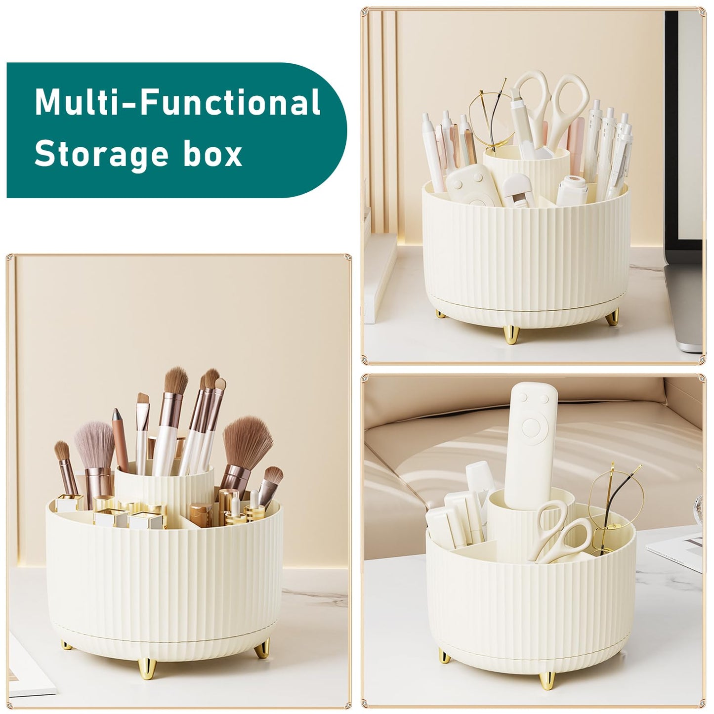 Diesisa Makeup Brush Holder Organizer,360° Rotating Makeup Brush Organizer,5 Slot Make up Brushes Cup for Cosmetics, Nail Polish, Art Supply, Bathroom Vanity Desktop Organizer - Cream