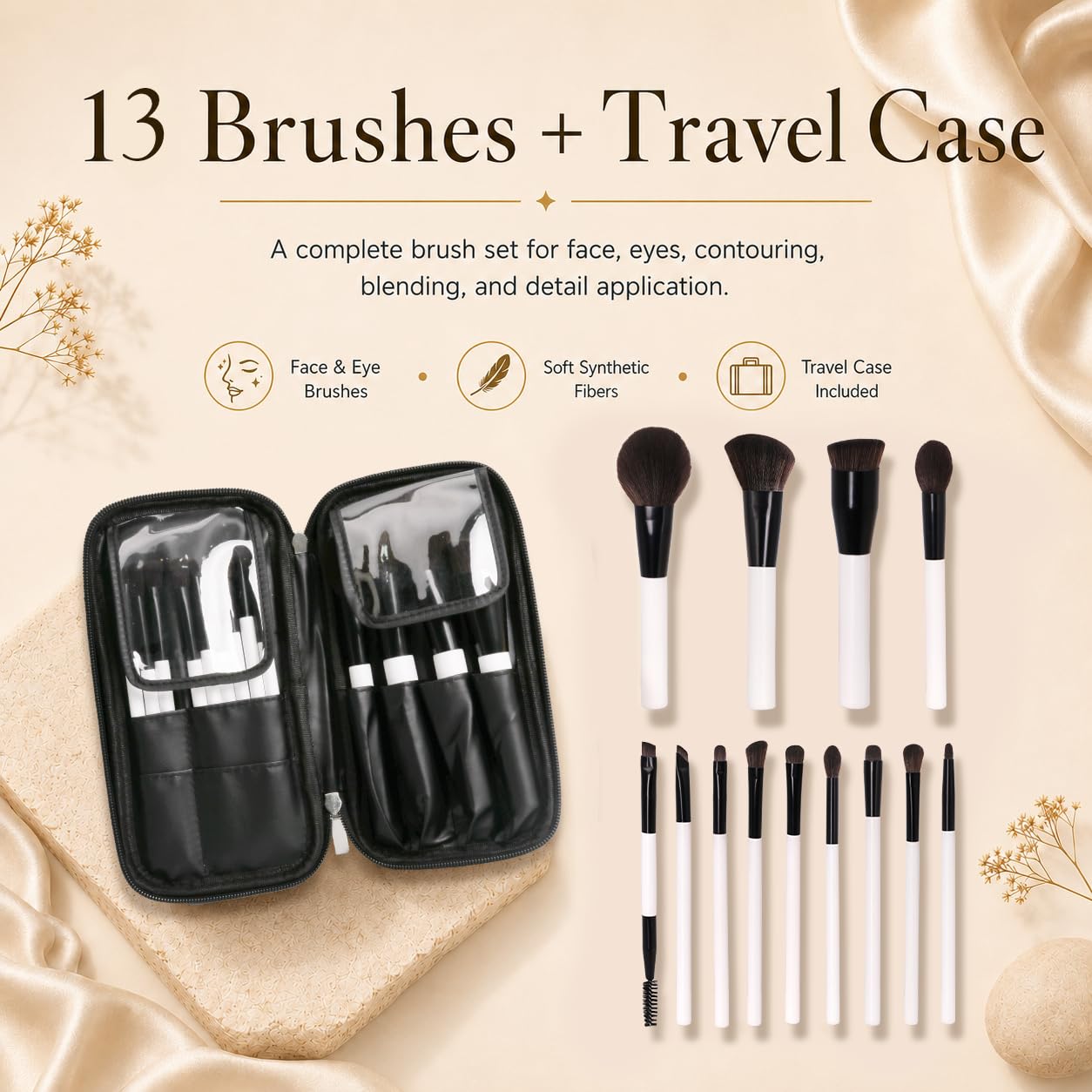 Makeup Brush Set 13 Pcs Professional & Beginner Friendly, Soft Synthetic Bristles for Face, Foundation, Powder, Eyeshadow & Blending, Easy to Clean Travel Set with Bag, Gift for Makeup Lovers