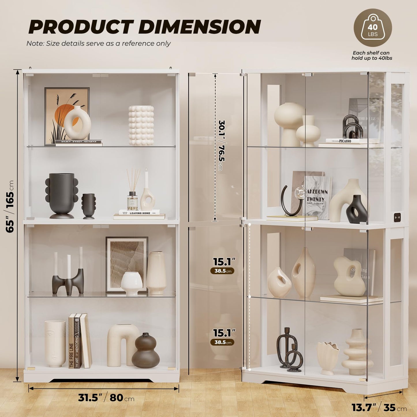 Aauro Home Display Cabinet with Glass Doors & LED Lights, 4-Tier 65" Black