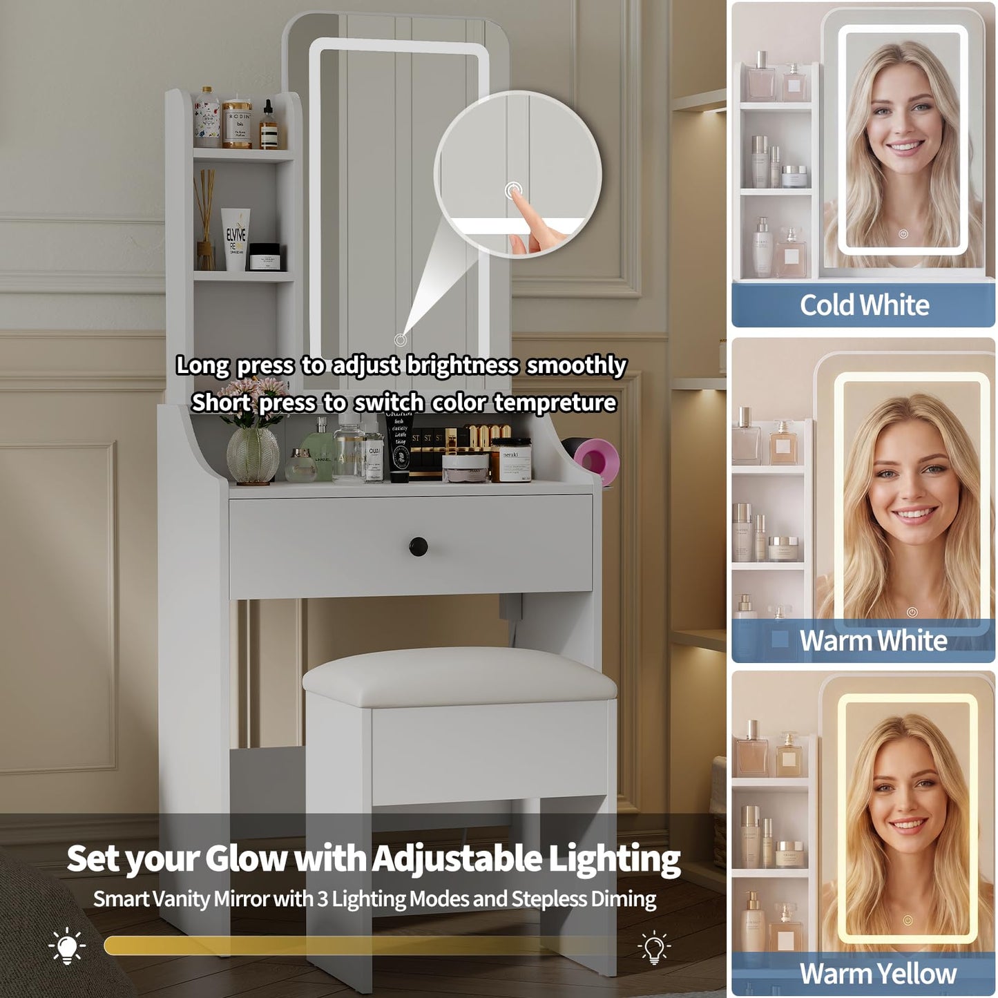 DUMOS Makeup Vanity Desk with Mirror and Lights, Small Vanity with Storage Bench, Charging Station and Hair Dryer Holder, Dressing Table with Drawer and Three Shelves, White