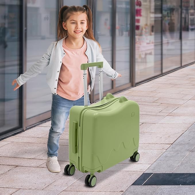 18" Kids Ride-On Suitcase,33.6QT Children's Luggage Case with Password Lock and Silent Universal Wheels (Olive Green)