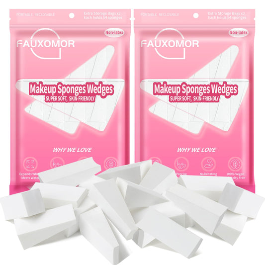 Fauxomor 216 Pcs New Makeup Sponges Wedges for Face Foundation, Latex-Free Triangle Cosmetic Make Up Sponge for Flawless Application and Blending, Beauty Blender for All Skin Types with Four Pouches