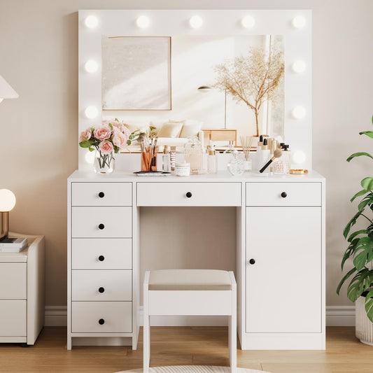 Garvee Makeup Vanity w/Lights Mirror, Desk & Table w/Charger, 7 Drawers, 1 Cabinet, 3 Color Lighting Modes, Wooden Dressing Table for Bedroom, White