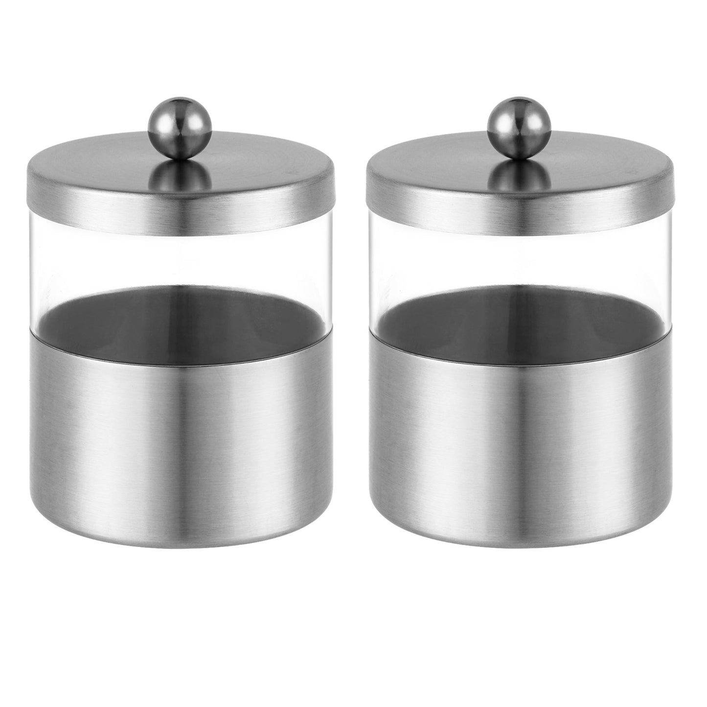 Gaussra Apothecary Jars, Qtip Holder - Brushed Stainless Steel Bathroom Jar with Stickers - Farmhouse Decor Qtip Dispenser for Qtips, Cotton Balls, Swabs, Makeup Sponges (2 Pack, Brushed Nickel)