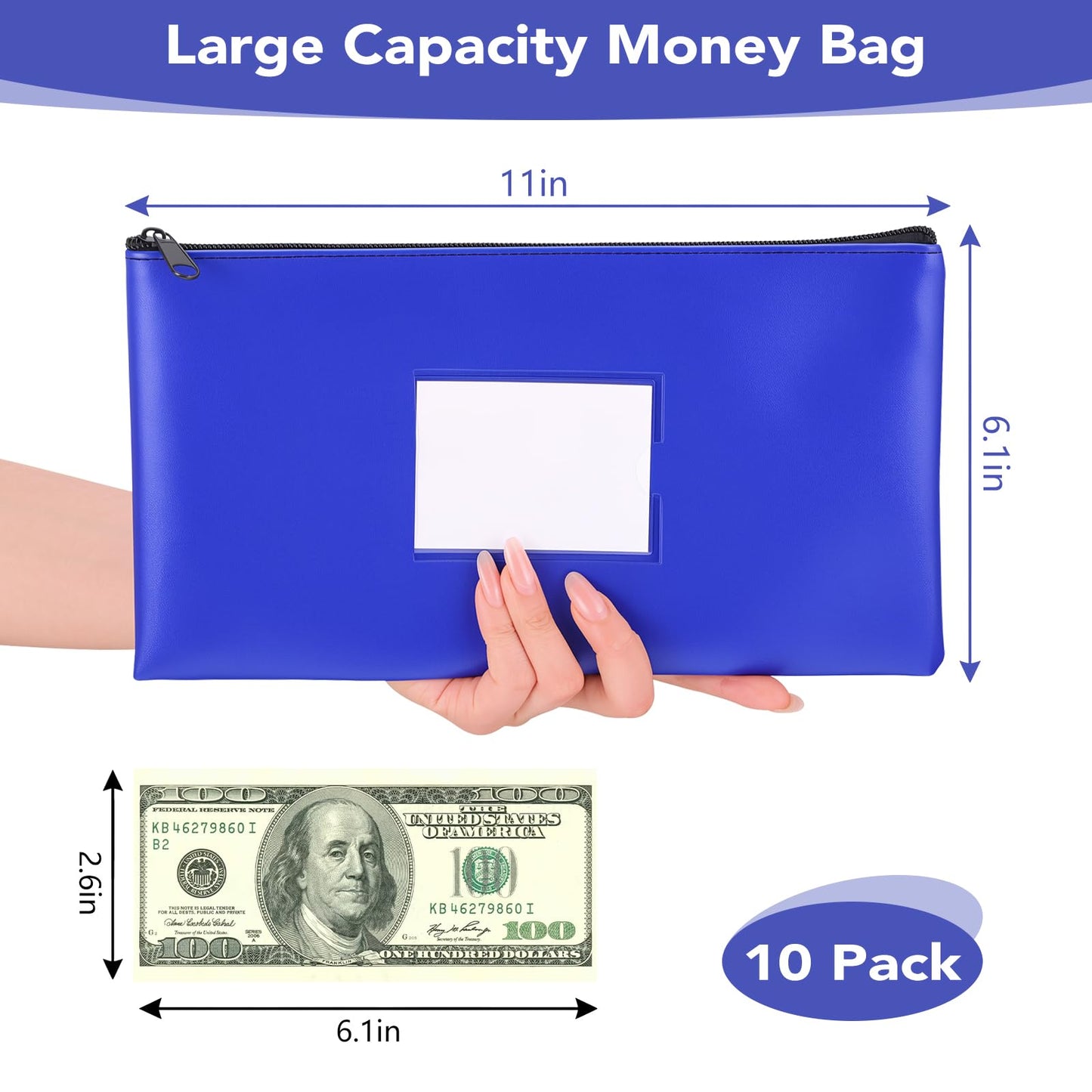 offgrow 10 Pack Money Bags with Zipper, 11 x 6.1 Inch Bank Bag PU Leather Cash Pouch with Label for Coins, Bills, Checks, Receipts, Cards, Travel Items, Cosmetics