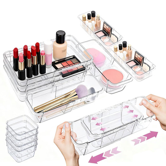 16 Pcs Upgraded Extendable Clear Drawer Organizer, Adjustable Vanity Storage Box, 3-Size Desk Drawer Organizer, Durable Storage Bins for Makeup, Cosmetic, Bedroom Dressers Tool Organizer for Gadgets