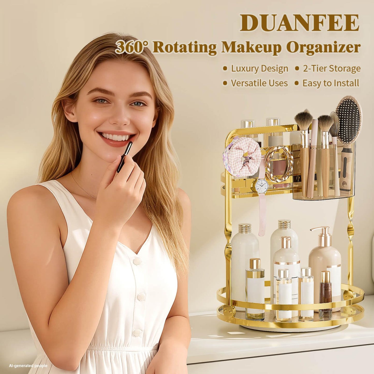 DUANFEE 360° Rotating Makeup Organizer for Vanity, 2-Tier Gold Bathroom Organizer Countertop with Makeup Brush Holder & Jewelry Hooks, Spinning Bathroom Counter Organizer for Perfume Skincare Dresser
