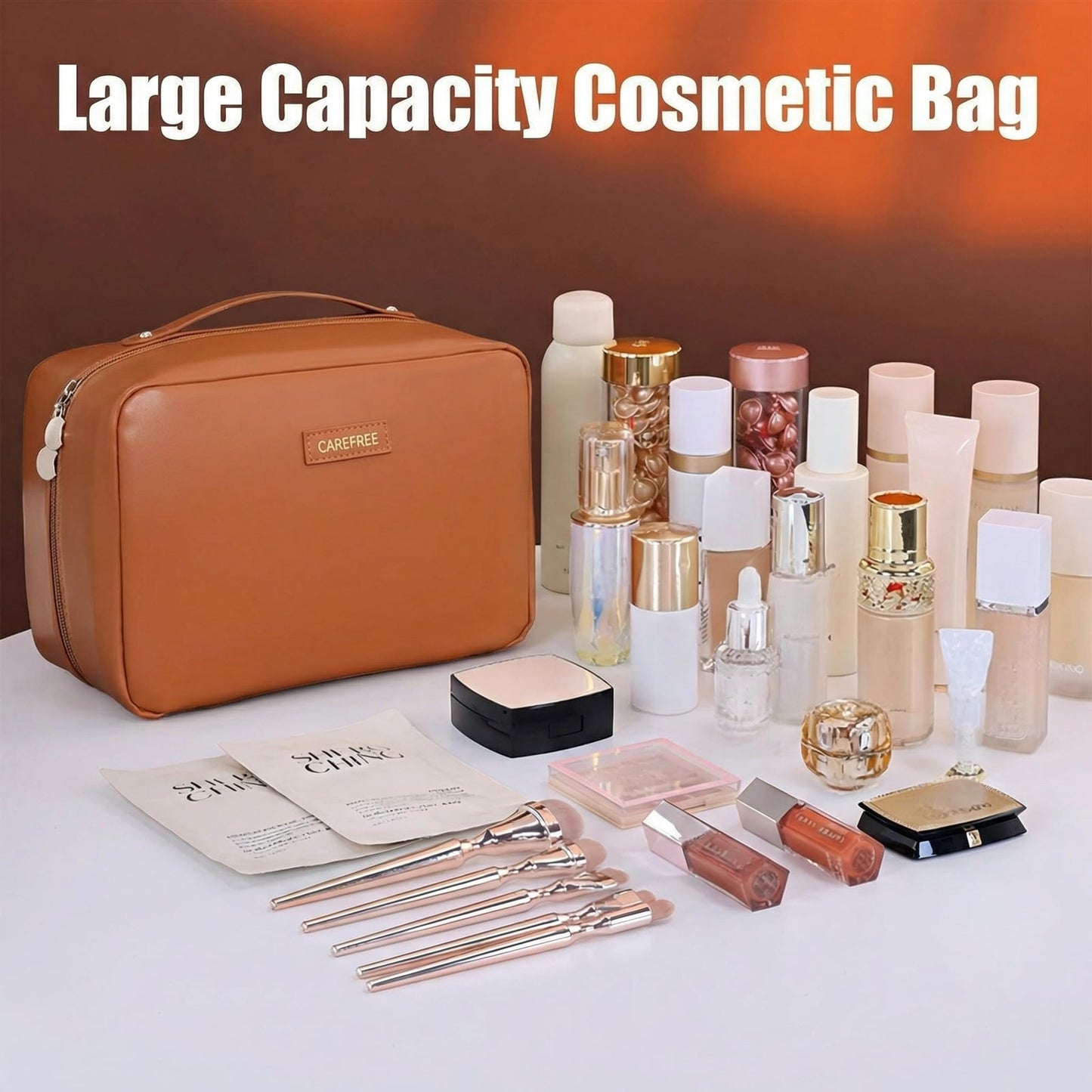 AUCCNT Travel Makeup Bag, Large Capacity Cosmetic Bags for Women, Waterproof Portable Pouch Open Flat Toiletry Bag Make up Bag (Brown)