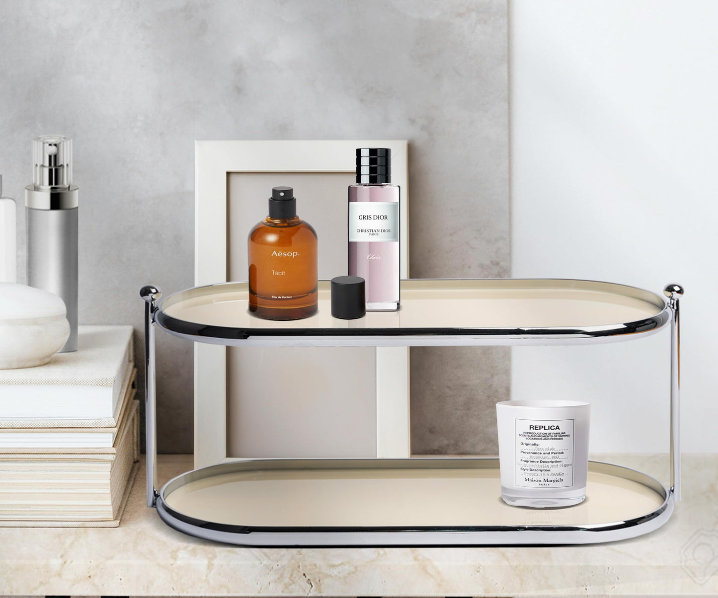 MUSEOWN 2 Tier Metal Frame Perfume Organizer in Stylish,and Minimalist Perfume Tray-Elegant Countertop Display Shelf for Skincare,Makeup,Trinket for Dresser,Vanity,Bathroom (Creamy White)