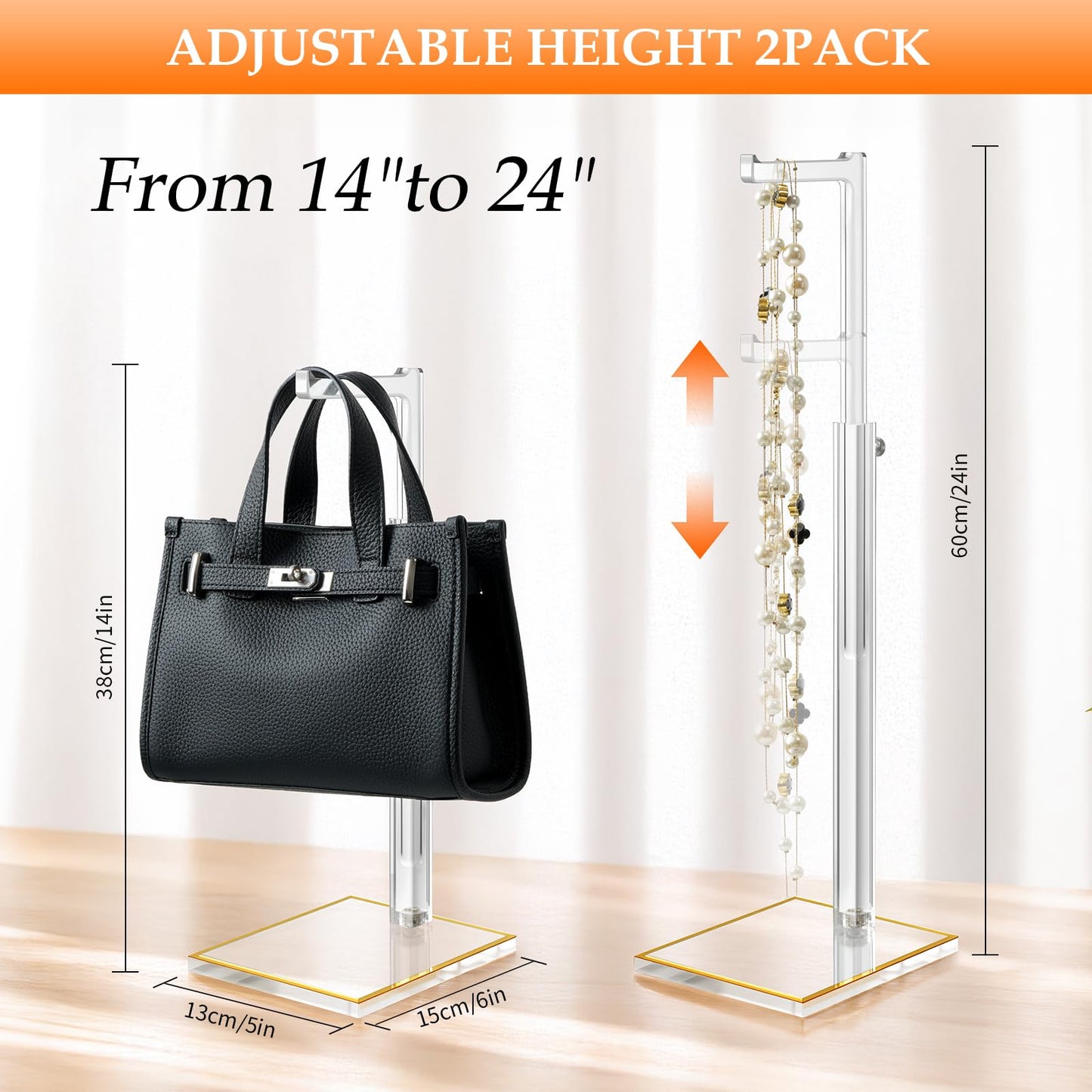 Perposnow Adjustable Purse Display Stands, 2Pcs 14"-24" Height Acrylic Handbag Holder, Durable Evening Bag Rack with Gold Trim Base, Clear Single Hook Purse Stand for Retail Boutique Vendor Closet