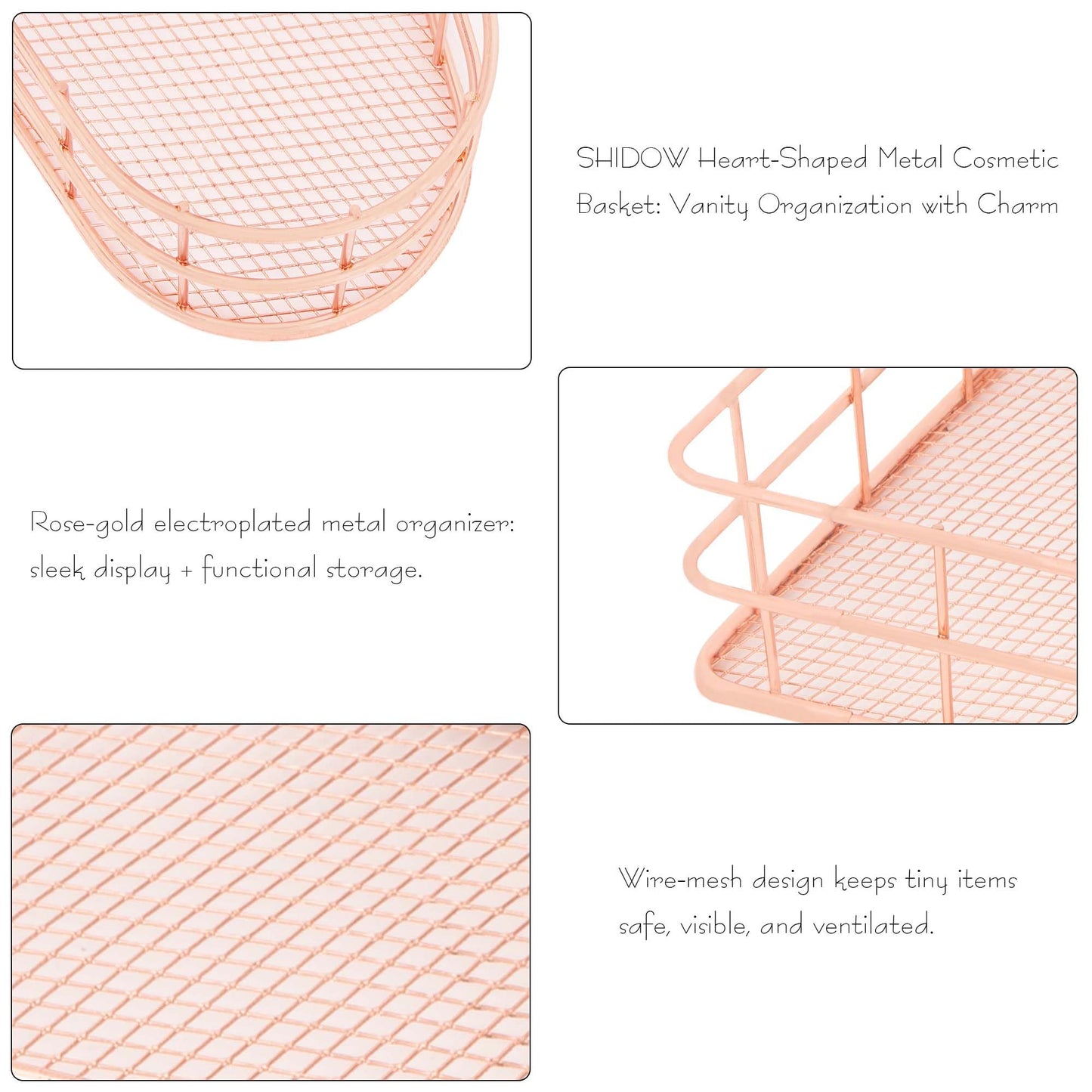 SHIDOW Heart-Shaped Mesh Basket Rose Gold Plated Makeup Desk Holder 1-Pack