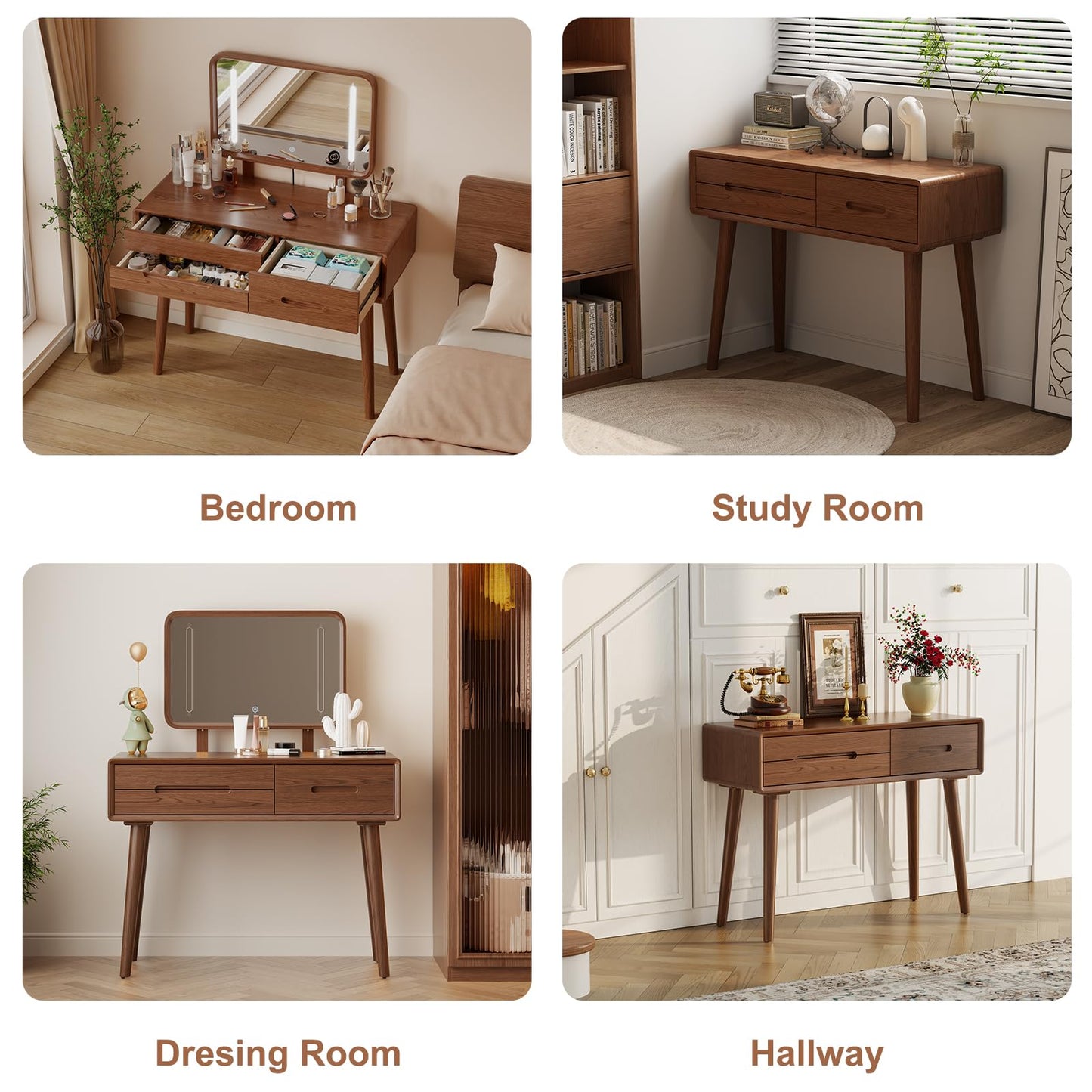 DONGMUWUJEE Solid Wood Vanity with Mirror and Lights, Adjustable Brightness, Wood Makeup Vanity with 3 Drawers, Semi-Assembled, Vanity Desk for Bedroom (Walnut)