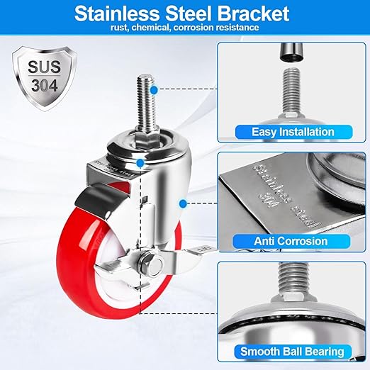 4 inch Stainless Steel Caster Wheels Heavy Duty, 3/8"-16x1 Threaded Stem Casters with Side Brake, Rust Resistant, Red Polyurethane PU Wheels for Hospital, Lab, Furniture, Restaurant