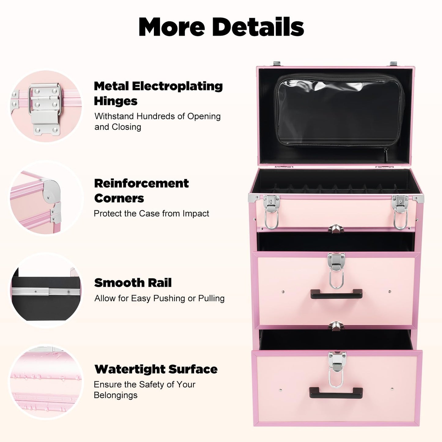BGSHKAL Rolling Makeup Case with Drawer, Large Cosmetic Trolley with Lock 3 in 1 Rolling Makeup Train Case Cosmetology Trolley 3 Stage Telescopic Handle 4 Silent Swivel Castors 110.23 Lbs Capacity
