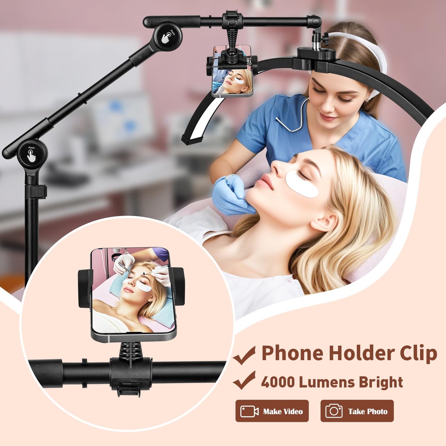 HITTI Half Moon Eyelash Esthetician Light - 2026 LED Lash Tech Lamp with 4-Wheel Rolling Base, 3 Color Modes, Dimmable Brightness & Phone Holder for Extension, Tattoo Artists, Beauty, SPA -Black