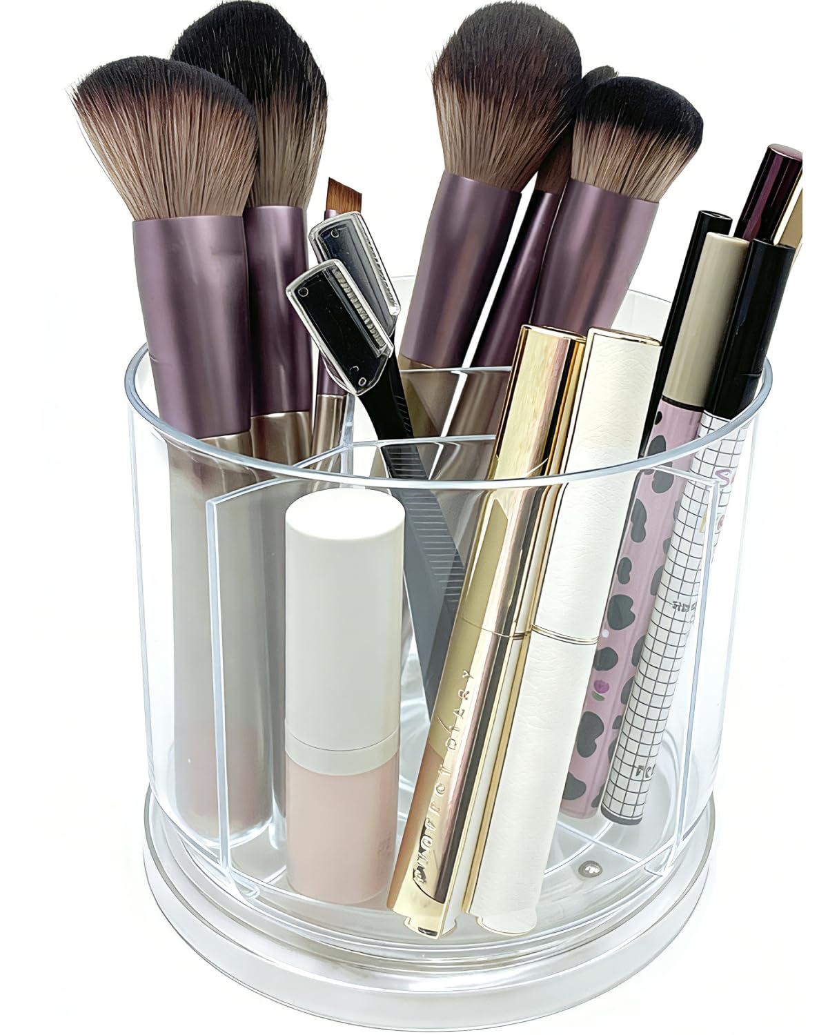 LOOENM Makeup Brush Holder 360 Rotating Makeup Brushes Organizer for Vanity, 5 Slots Makeup Organizers & Storage, Multi-Functional Pencil Pen Holder for Desk, Cosmetic Storage Container Cup (Clear)