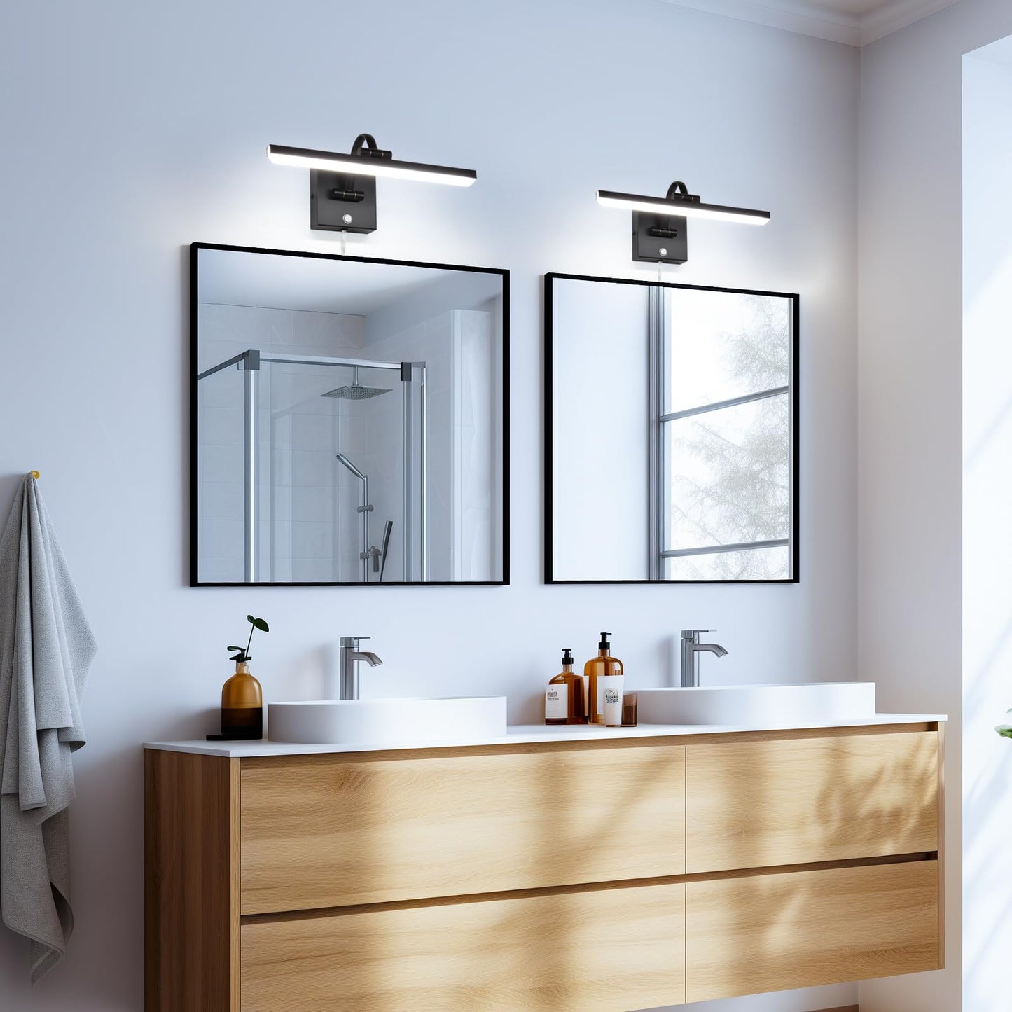 MantoLite 15inch LED Dimmable Bathroom Vanity Wall Light Fixture, 6000K 8W Cabinet Picture Lights, Black Make-up Mirror Front Light Ajustable Arm Bedside Reading Lamp, Pulg in Display Wall Sconce