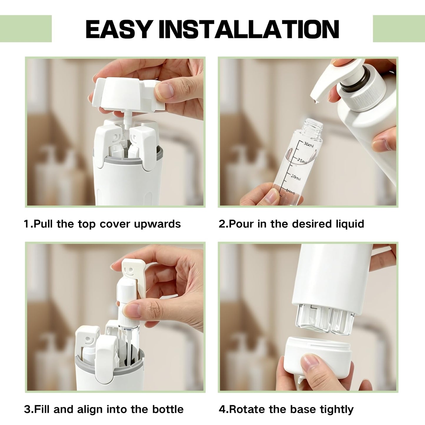 4 in 1 Travel Dispenser Bottle with Pump for Vacation & Business Trip, Leakproof & Easy Clean Travel Bottle and Toiletries Containers with Scale and Labels for Shampoo, Conditioner, Lotion & Skincare
