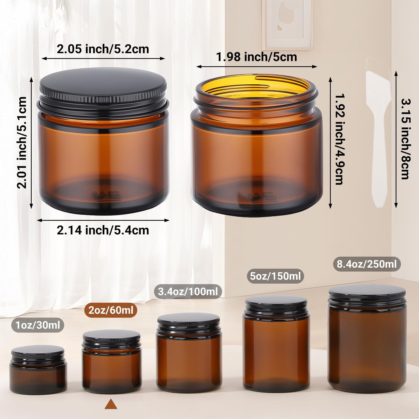 Segbeauty 2oz Amber Glass Jars with Black Lids, 4 Pack 60ml Thick Empty Round Glass Jars with Inner Liner for Cosmetics, Travel Size Containers for Toiletries, Refillable Sample Bottles for Lotion