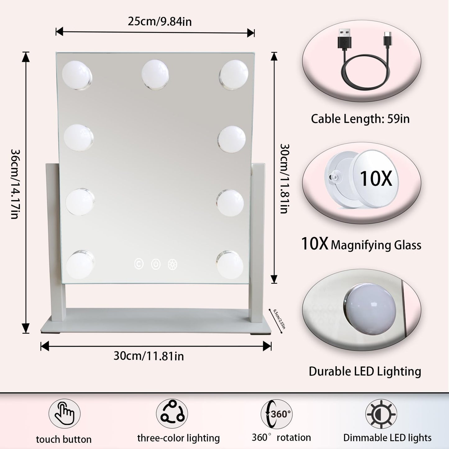 Hollywood Vanity Mirror with Lights - 9 Dimmable Bulbs, 3 Color Modes & 10x Magnification, Smart Touch Control, 360° Rotation, Perfect as Travel Mirror with Light, Stocking Stuffers for Teen Girls