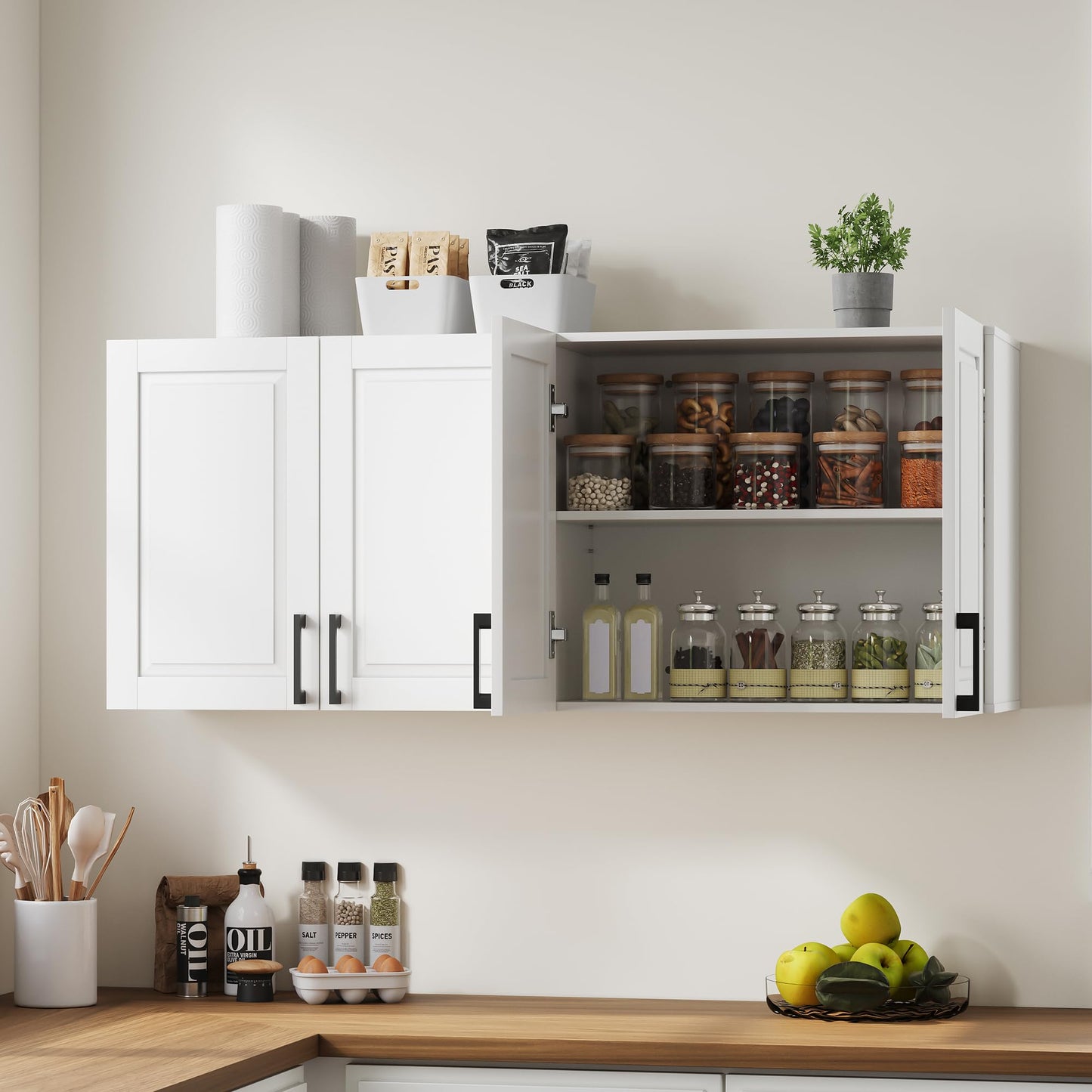ChooChoo Laundry Room Cabinets, 3 Doors Wall Mounted Storage Cabinet, Kitchen Wall Storage, Bathroom Wall Cabinet, White