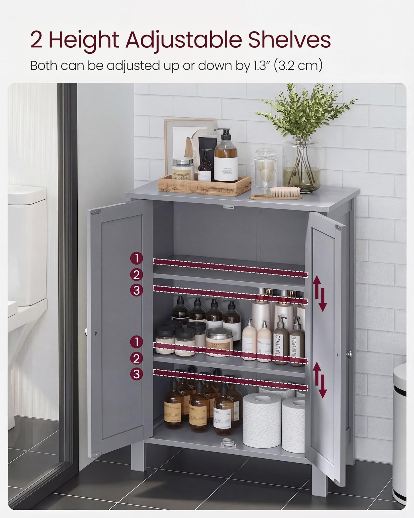 VASAGLE Bathroom Floor Storage Cabinet, Bathroom Storage Unit with 2 Adjustable Shelves, Bathroom Cabinet Freestanding, 11.8 x 23.6 x 31.5 Inches, Dove Gray UBCB060P36