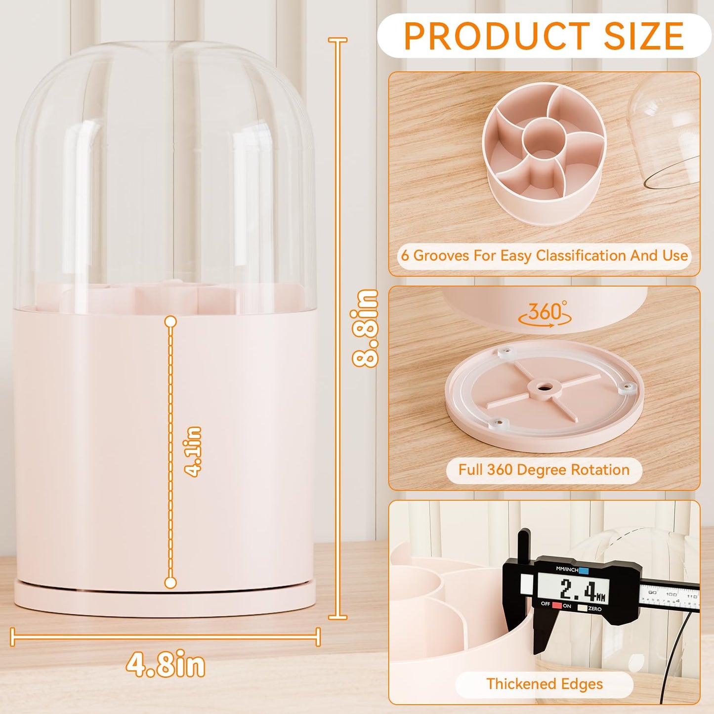 Yieach Rotating Acrylic Makeup Brush Holder with Lid for Vanity,Bathroom,Countertop,Covered Makeup Brushes Organizer,Round Spinning Cosmetic Brushes Holder and Make up Brush Storage with Cover,Pink