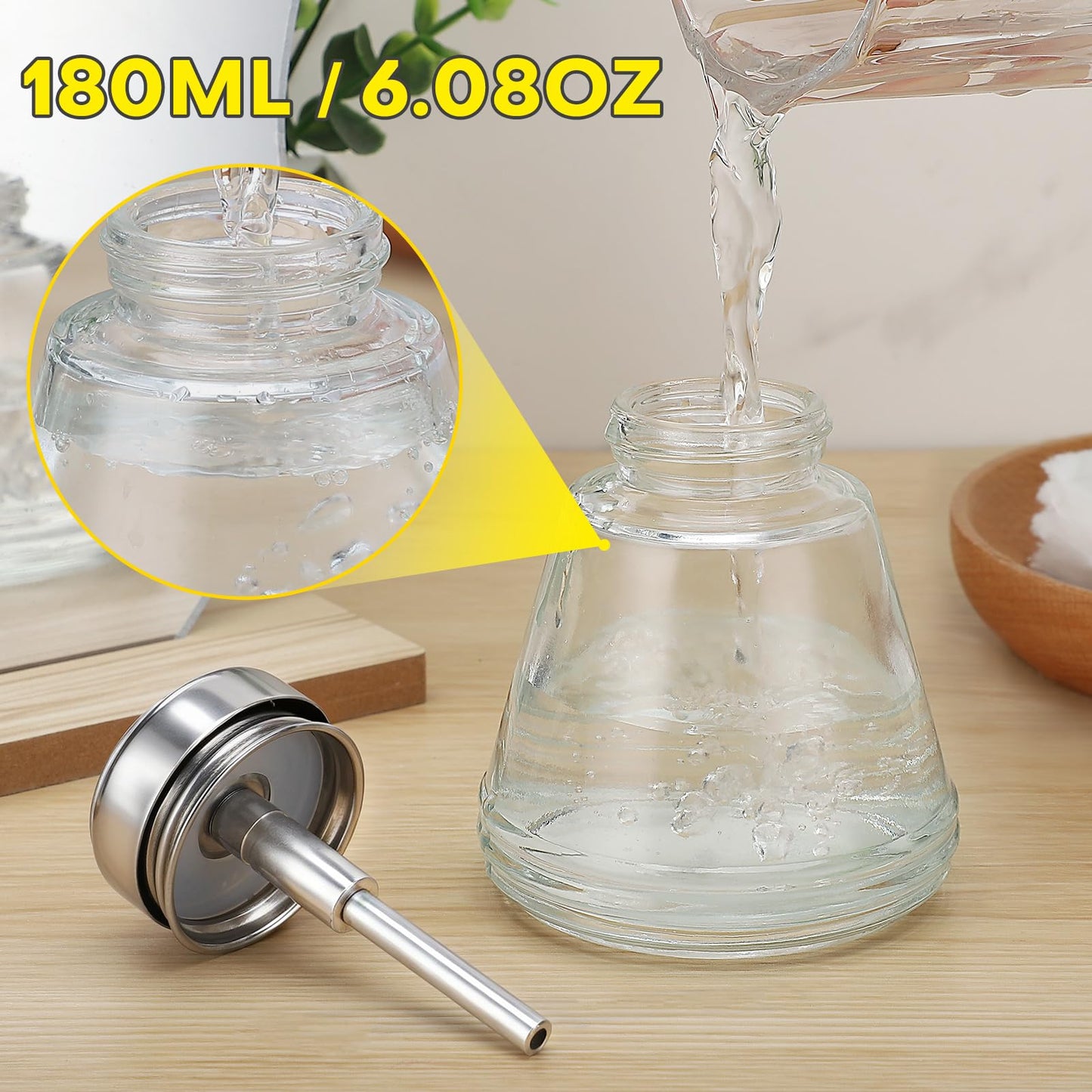 2 PCS 6Oz / 180ml Glass Acetone Pump Dispenser, Cone Alcohol Dispenser Push Down Nail Bottle Pump for Makeup, Acetone Bottle Dispenser for Nail Polish Remover Push Down Pump Dispenser w/Flip Top Cap