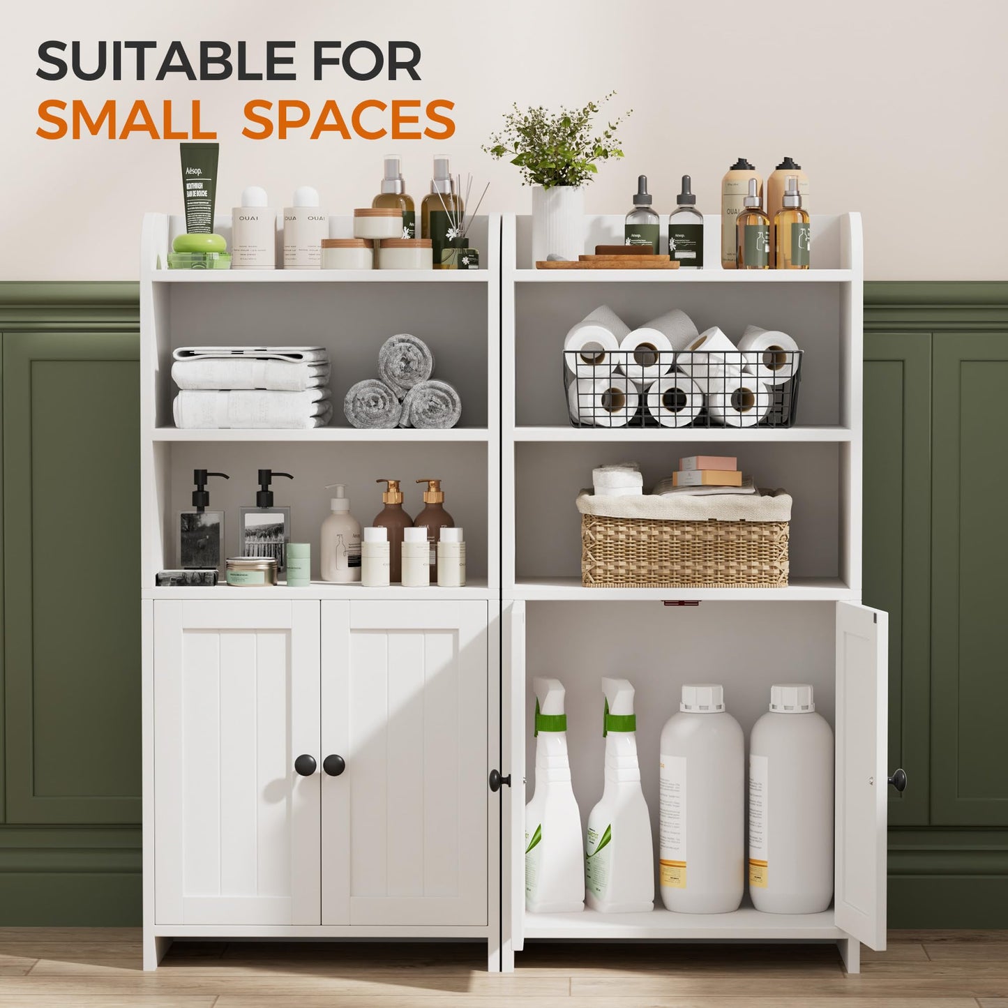 Cerlyunzan Small Bathroom Storage Cabinet, Freestanding Bathroom Cabinet and Organizer with Shelves, Small Cabinet with Doors for Bathroom, Laundry Room, 7.9" D x 14.6" W x 31" H, White