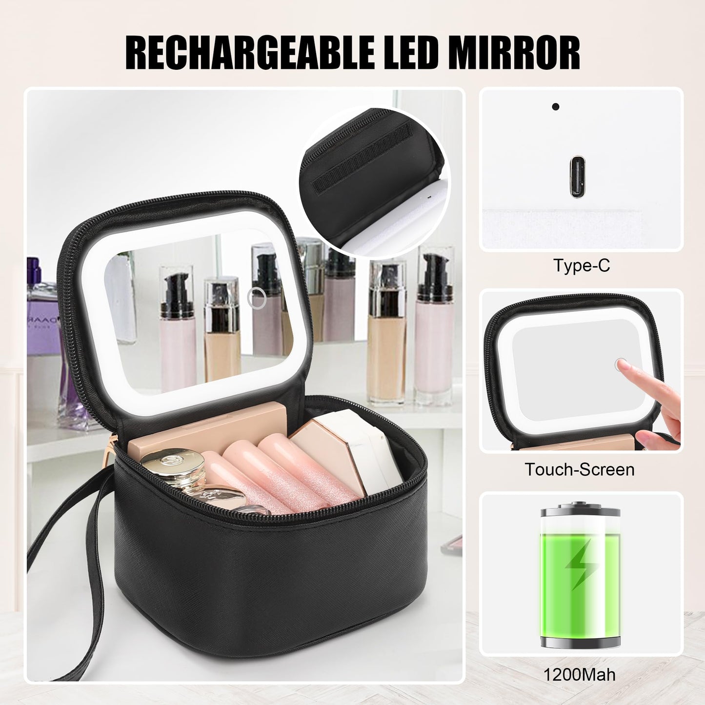 Relavel Mini Makeup Bag with Led Mirror, Small Cosmetic Bag with 3 Light Modes, Rechargeable Portable Makeup Pouch with Hands-Free Wrist Strap for Pool Parties丨Work Touch-Ups丨Travel - Black