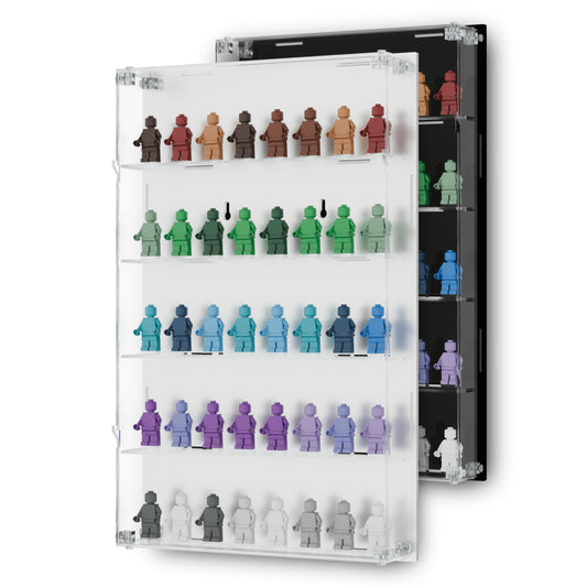 Homelodge Acrylic Minifigure Display Case - Wall Mount Mini Figure Storage Shelves with White Background - Holds 40 Tall Minifigs - Clear Shelf Box for Large Minifigures - Stands & Extra Accessories