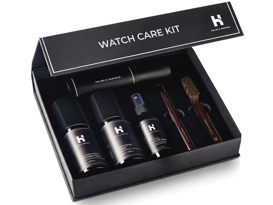 Holme & Hadfield Watch Cleaning Kit – Luxury Crystal & Leather Care Solution | 2 Brushes, Microfiber & Polishing Cloth | Premium Gift Packaging